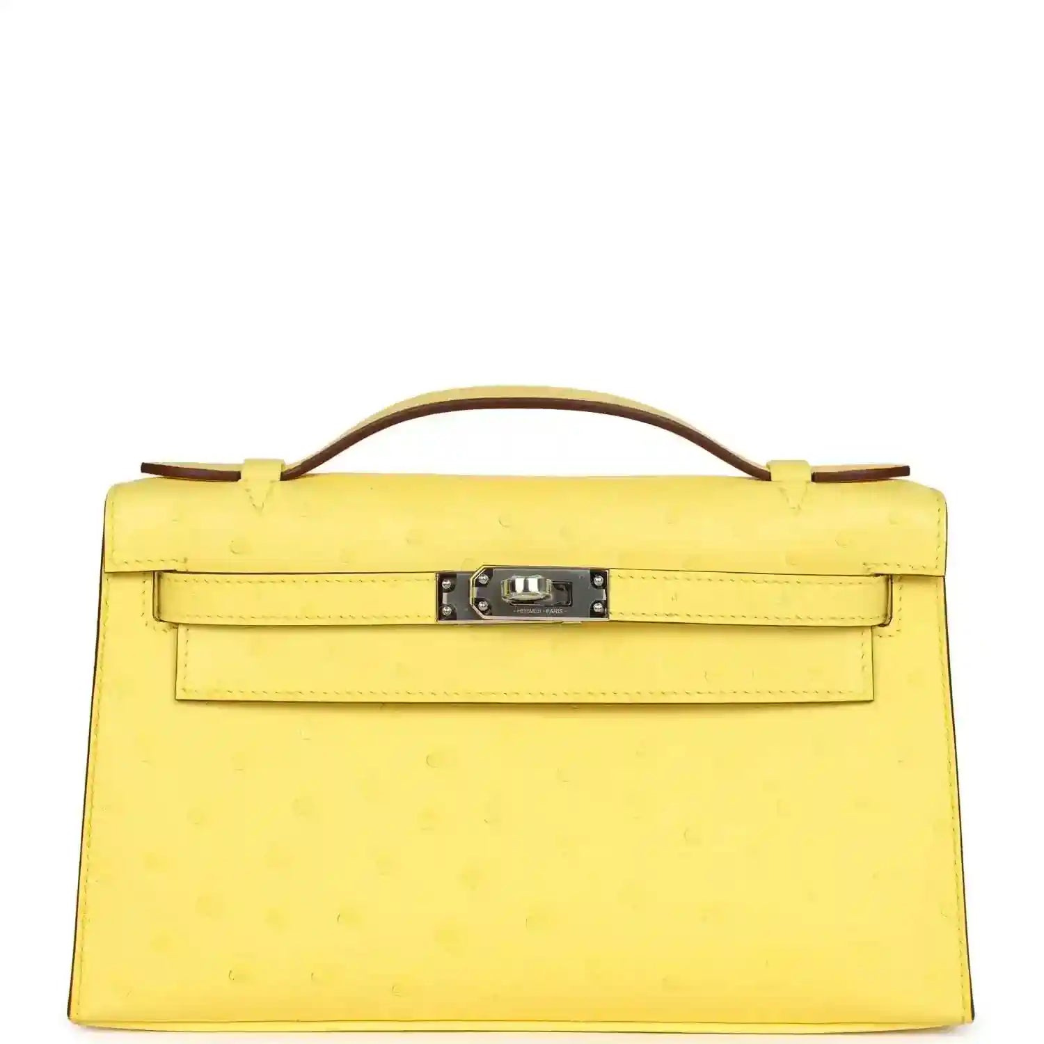 Yellow leather Kelly-style pochette with top handle, front flap and silver-tone lock