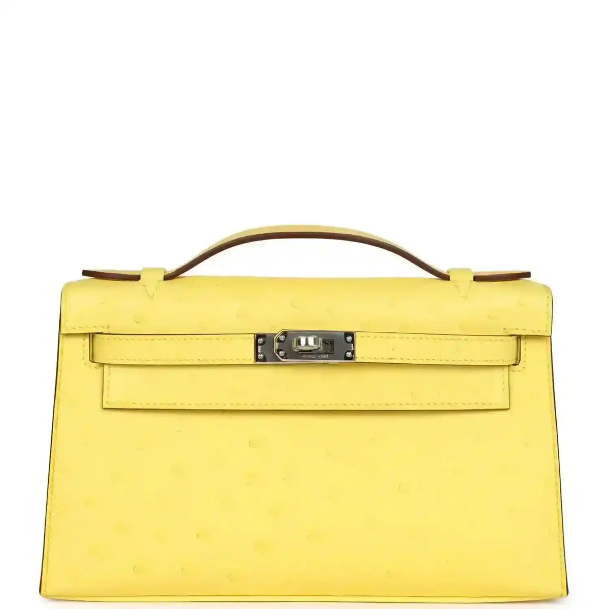 Yellow leather Kelly-style pochette with top handle, front flap and silver-tone lock