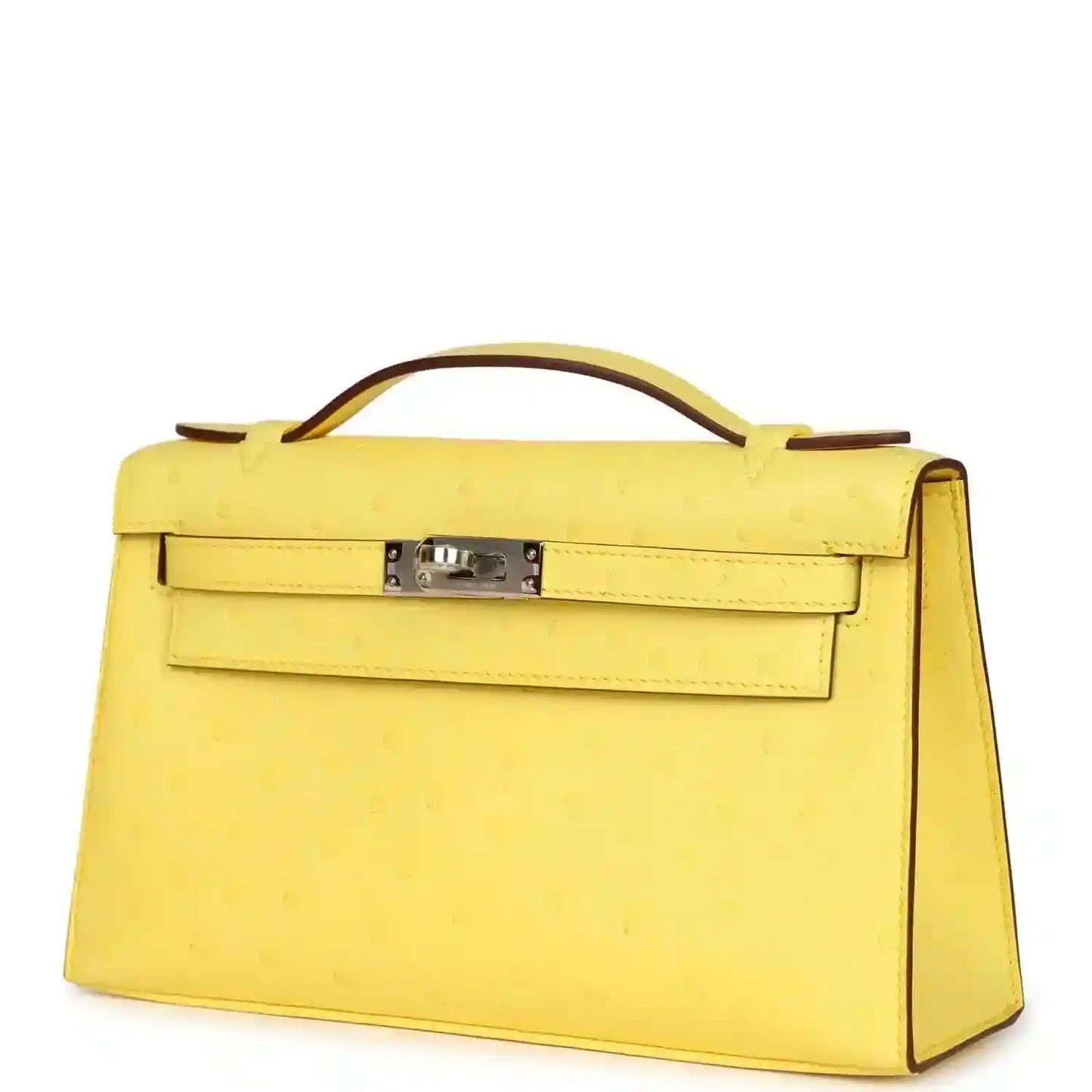 Yellow leather Kelly-style pochette with top handle, front lock and side panel