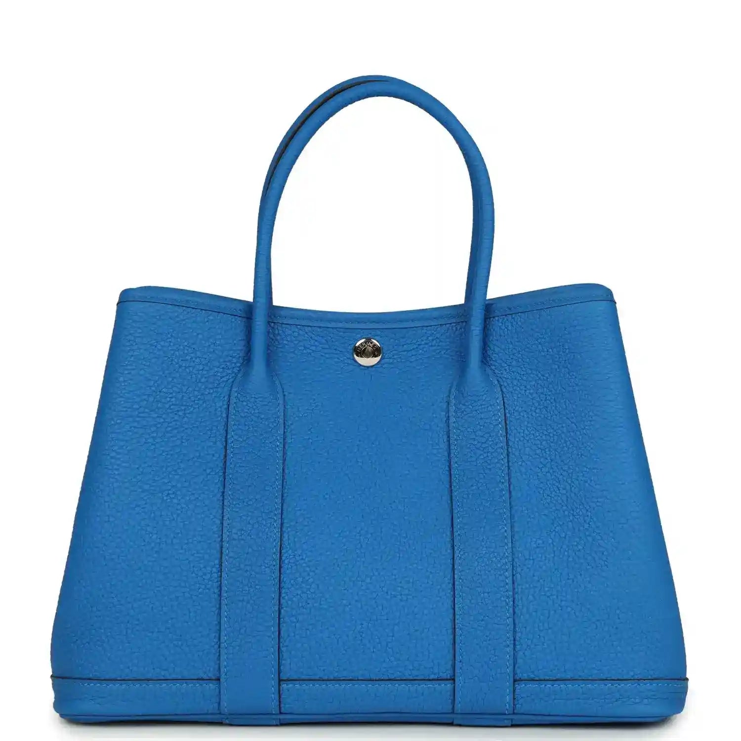 Blue leather Garden Party 30 tote bag with top handles and front snap clasp