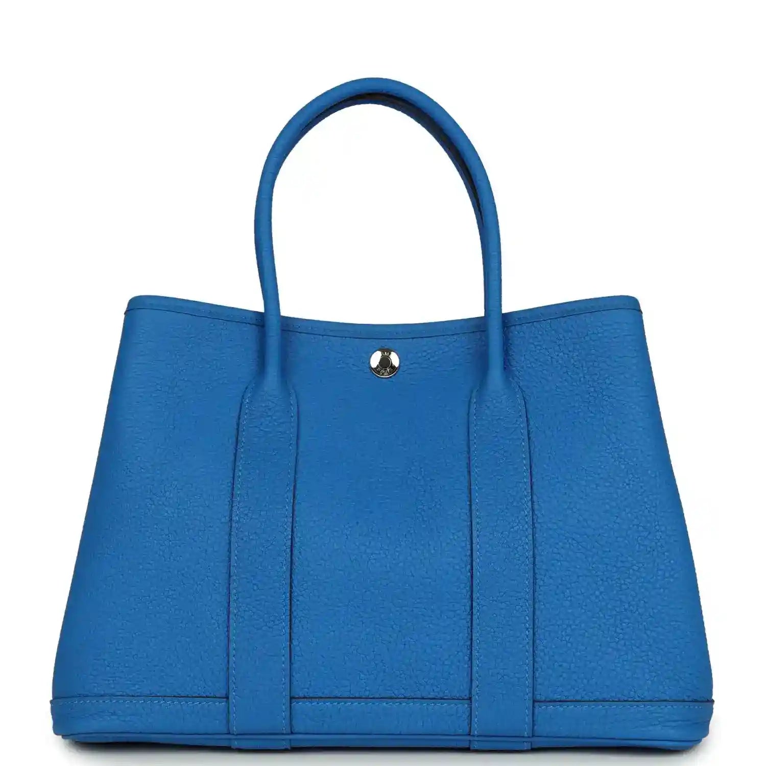 Blue leather Garden Party 30 tote bag with center snap and stitched panel details