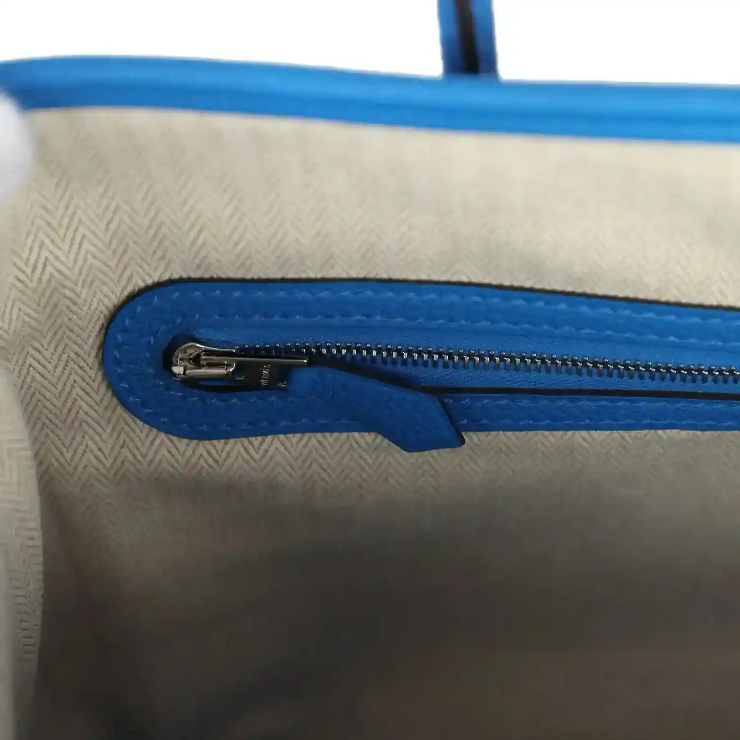 Blue leather Garden Party 30 tote bag zipper pocket with metal zipper pull