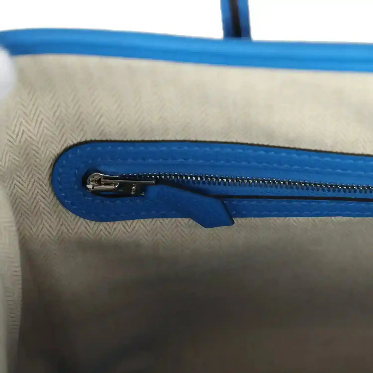 Blue leather Garden Party 30 tote bag zipper pocket with metal zipper pull