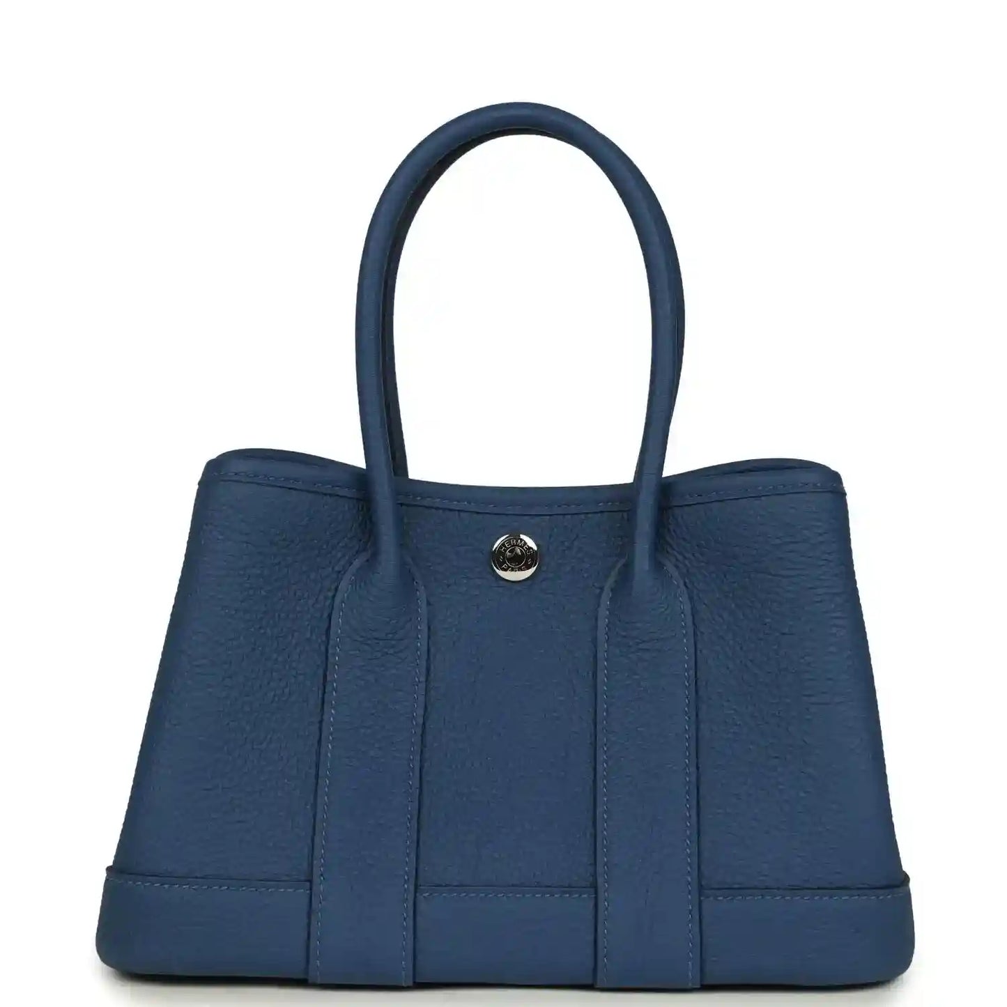 Blue leather tote with curved handles and front gold-tone clasp