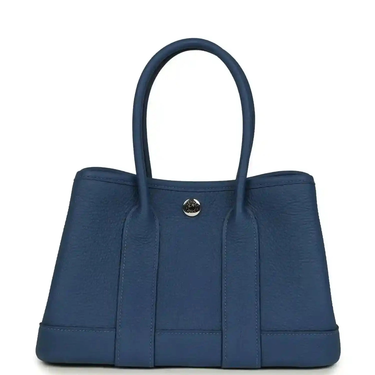 Blue leather tote with curved handles and front gold-tone clasp