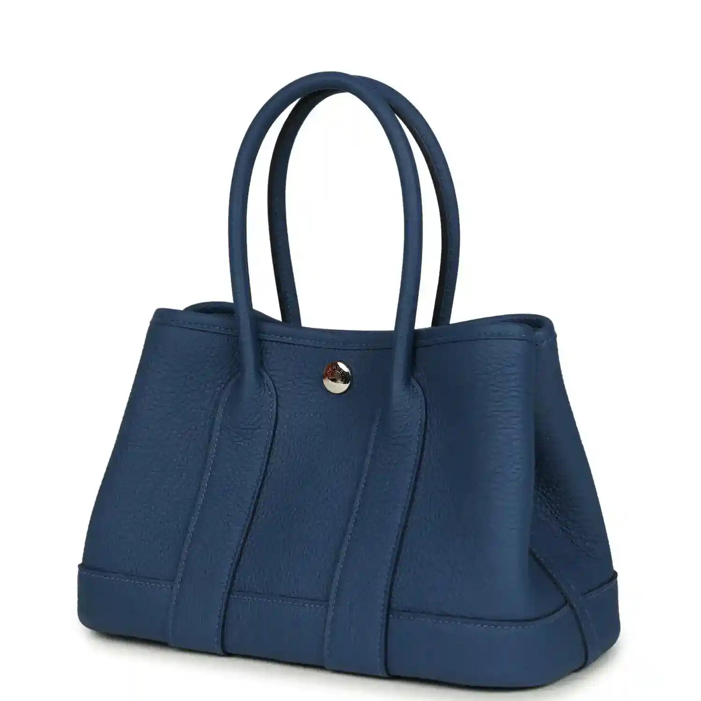 Blue leather tote with wide front panels and dual top handles