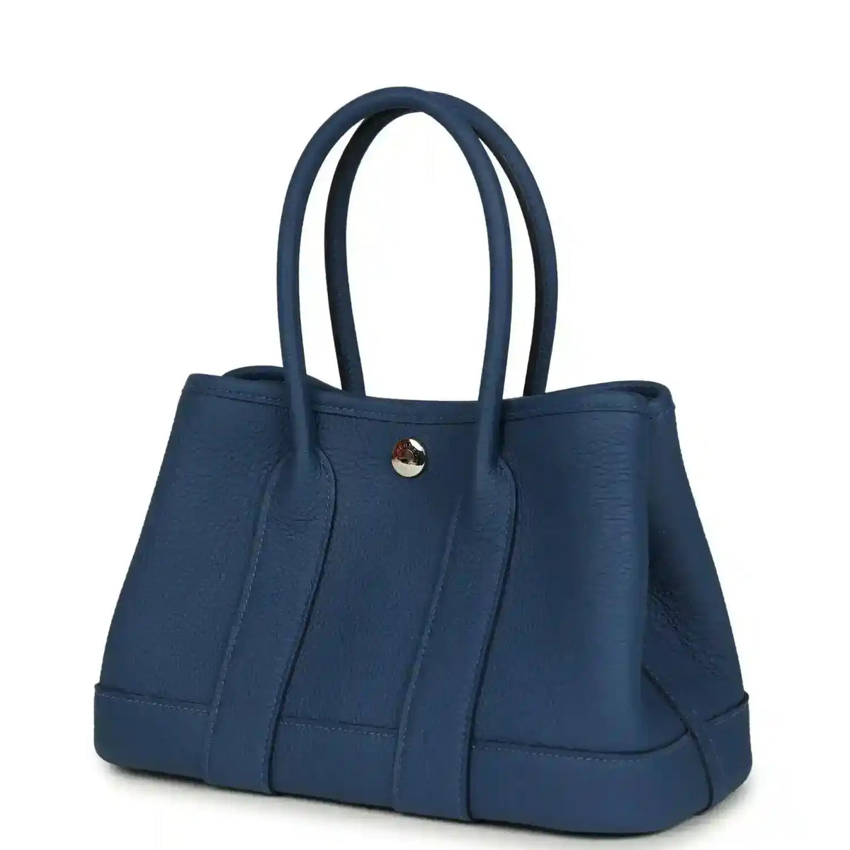 Blue leather tote with wide front panels and dual top handles