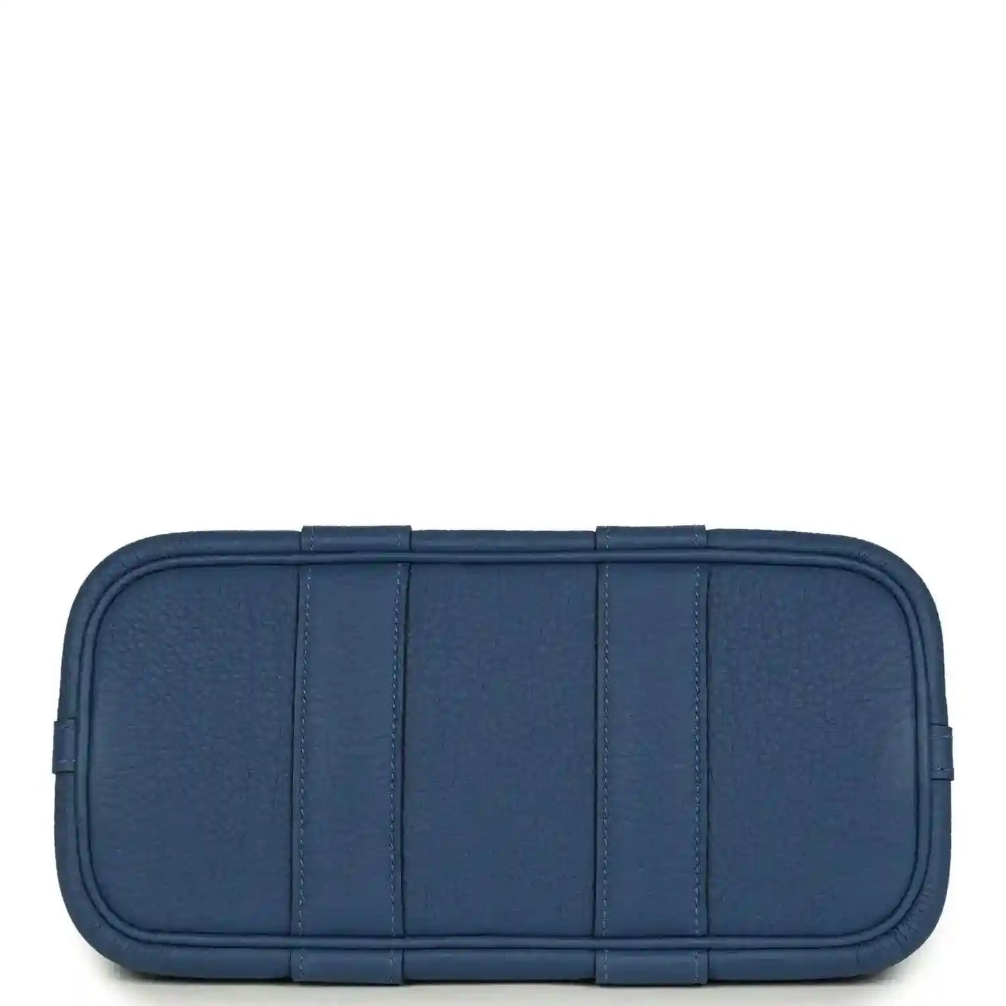 Blue leather front panel with stitched compartments and rounded edges