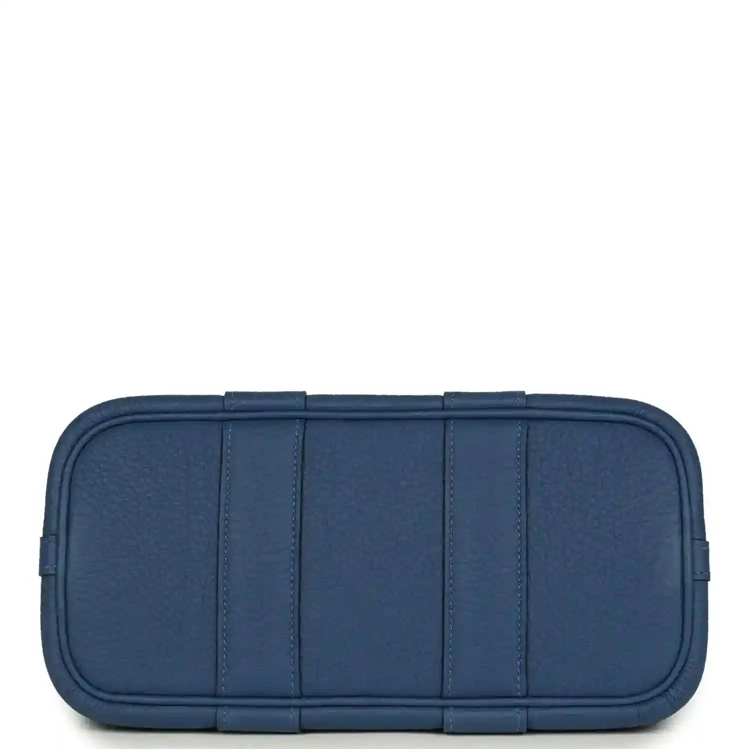 Blue leather front panel with stitched compartments and rounded edges
