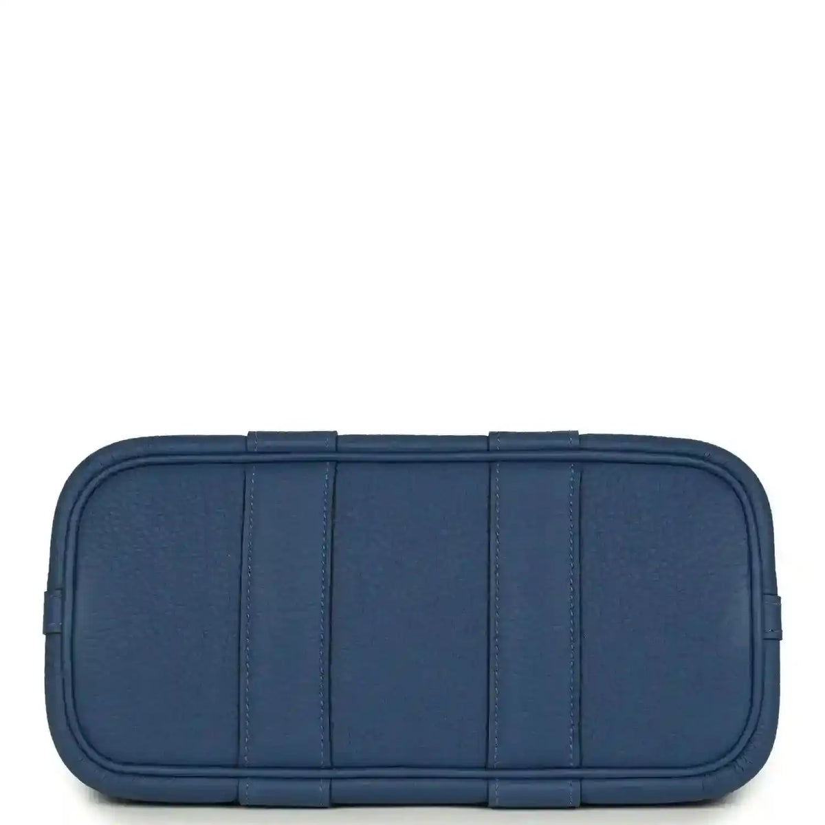Blue leather front panel with stitched compartments and rounded edges