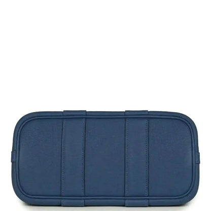 Blue leather front panel with stitched compartments and rounded edges
