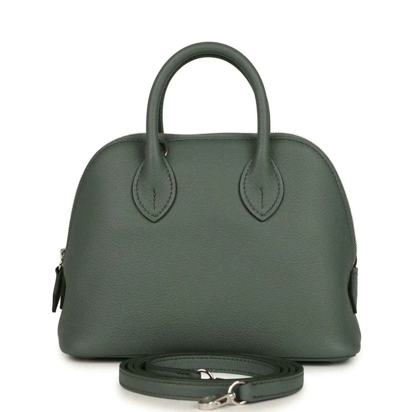 Mini Bolide handbag in dark green textured leather with top handles and silver-tone hardware
