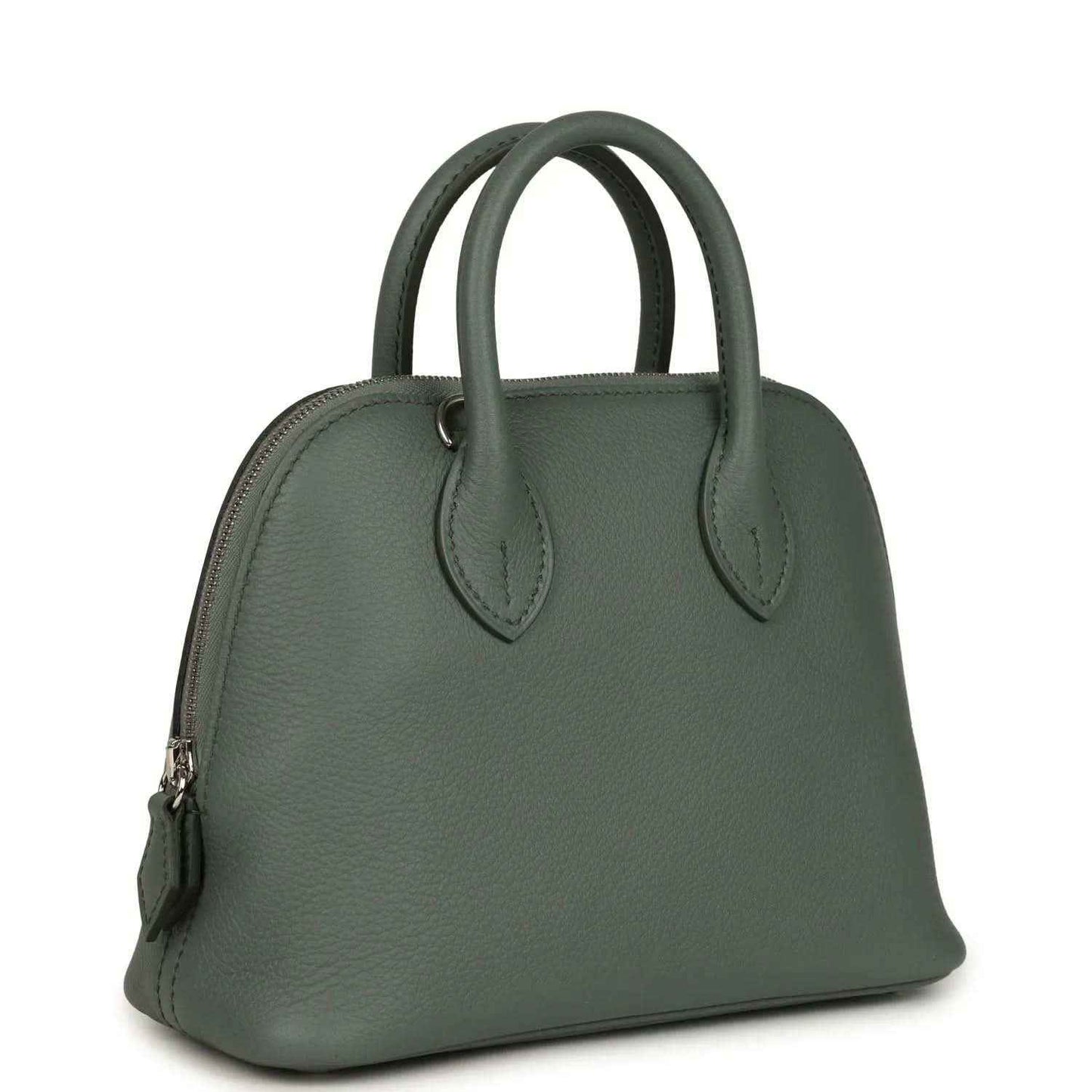 Mini Bolide handbag in dark green textured leather with top handles and side detail