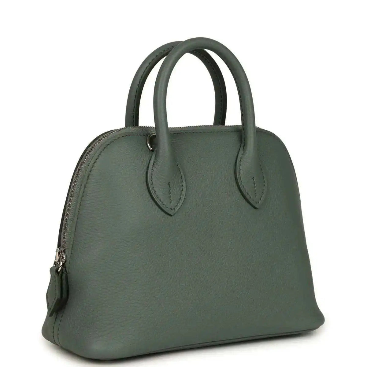 Mini Bolide handbag in dark green textured leather with top handles and side detail