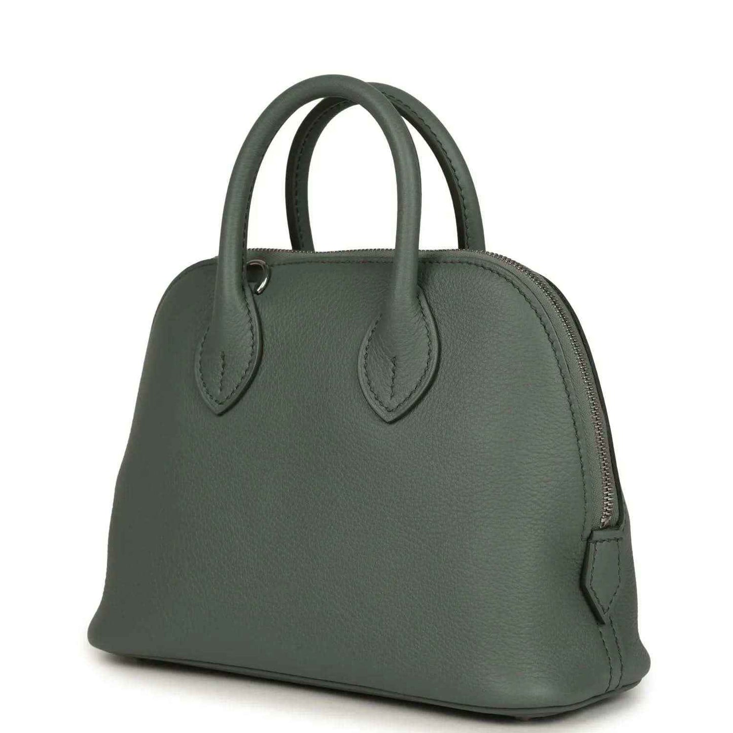 Mini Bolide handbag in dark green textured leather with side strap and top handles