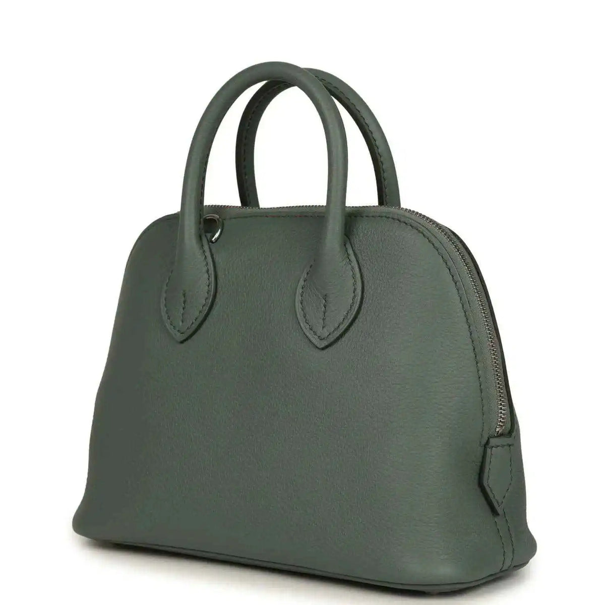Mini Bolide handbag in dark green textured leather with side strap and top handles