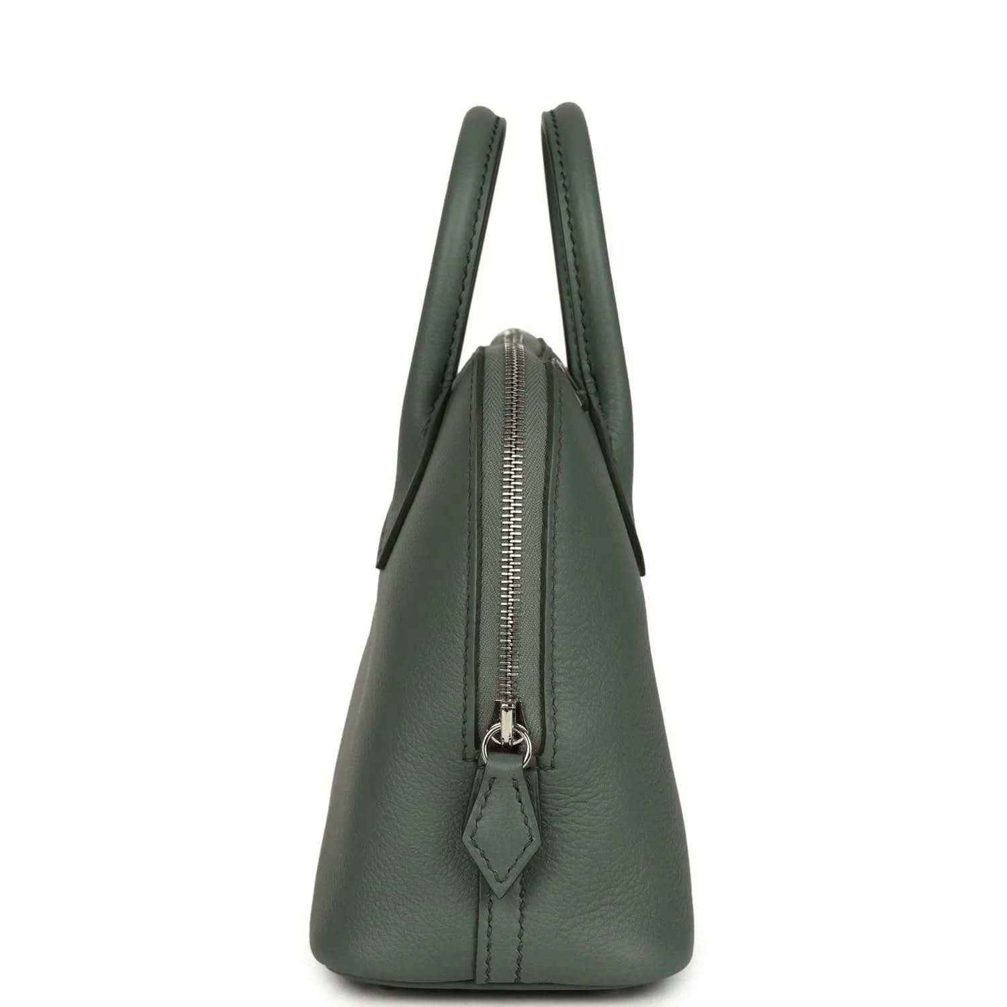 Mini Bolide handbag in dark green textured leather with front zipper and hanging pull