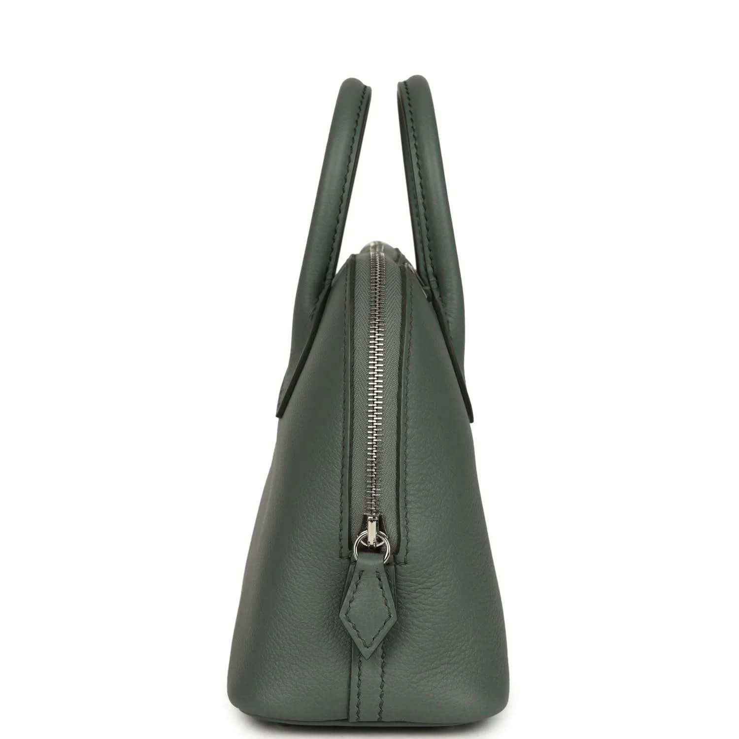 Mini Bolide handbag in dark green textured leather with front zipper and hanging pull