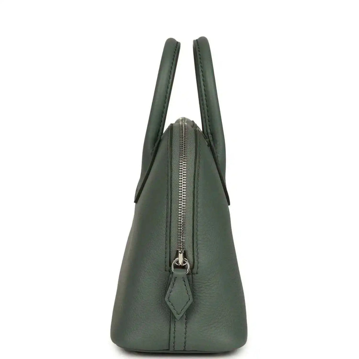 Mini Bolide handbag in dark green textured leather with front zipper and hanging pull