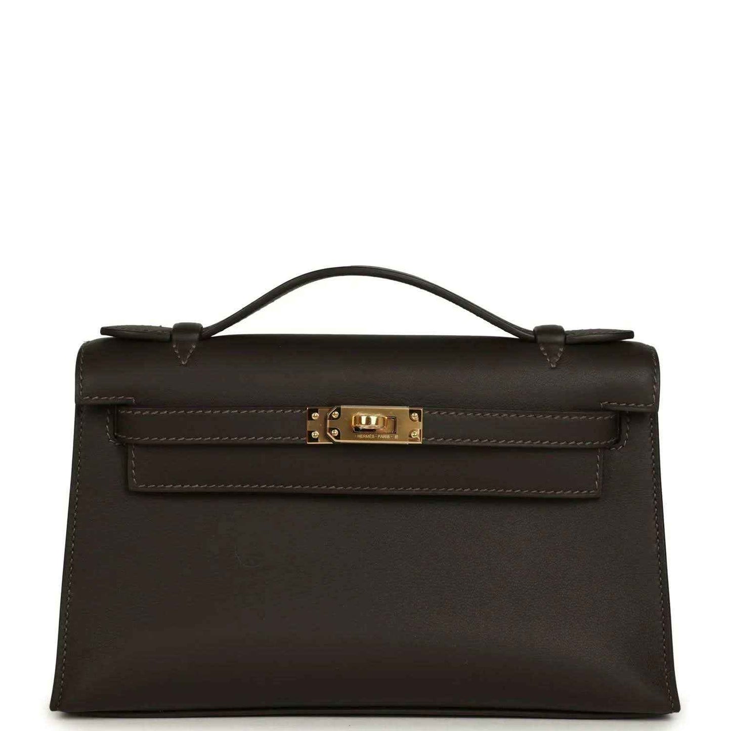 Dark brown leather pochette with gold-tone front clasp and top handle