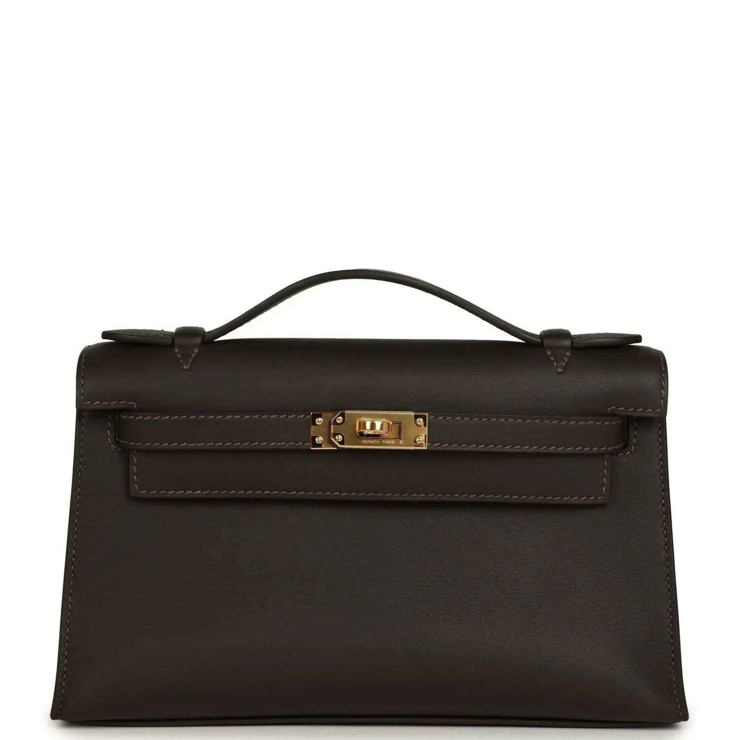 Dark brown leather pochette with gold-tone front clasp and top handle