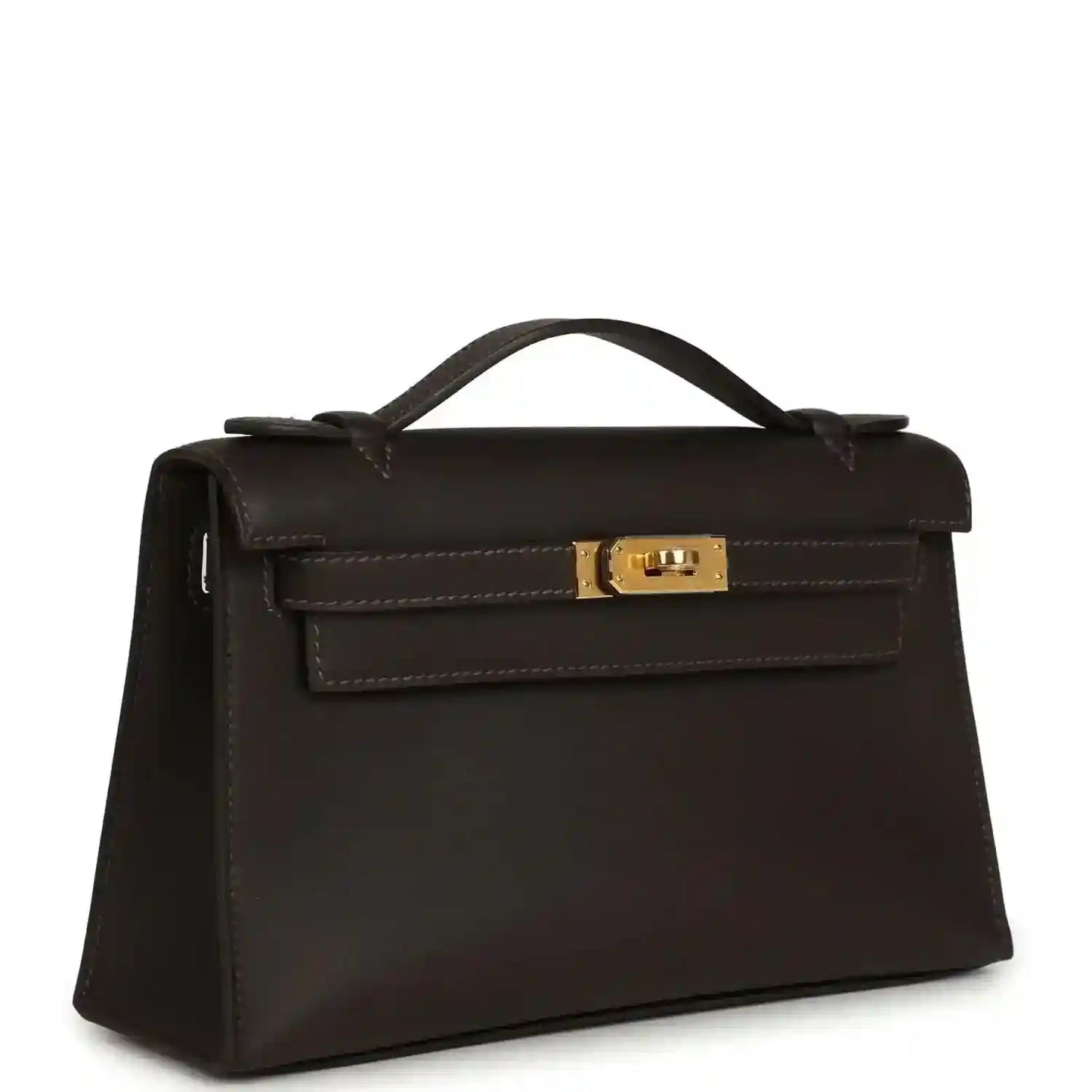 Dark brown leather pochette with front flap, gold-tone clasp, and top handle