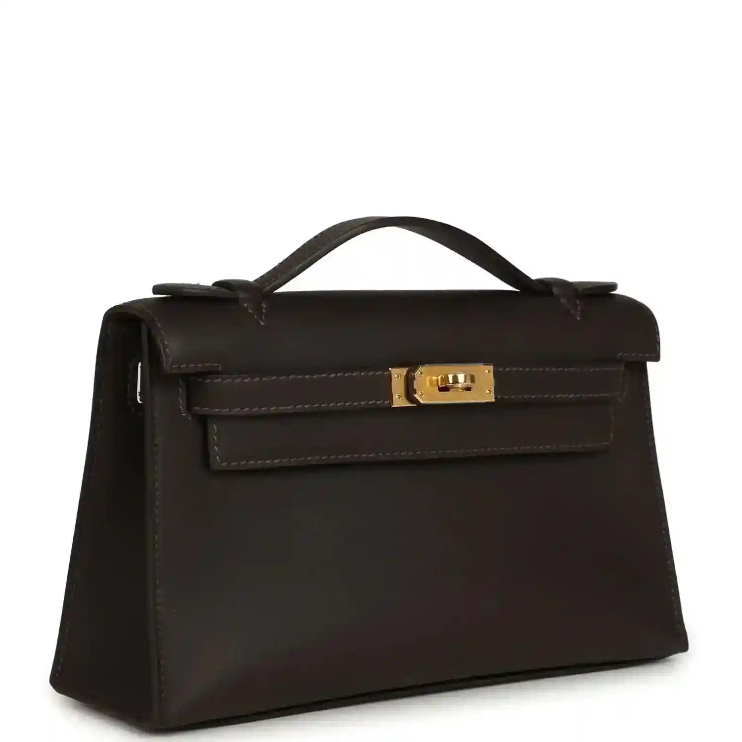 Dark brown leather pochette with front flap, gold-tone clasp, and top handle
