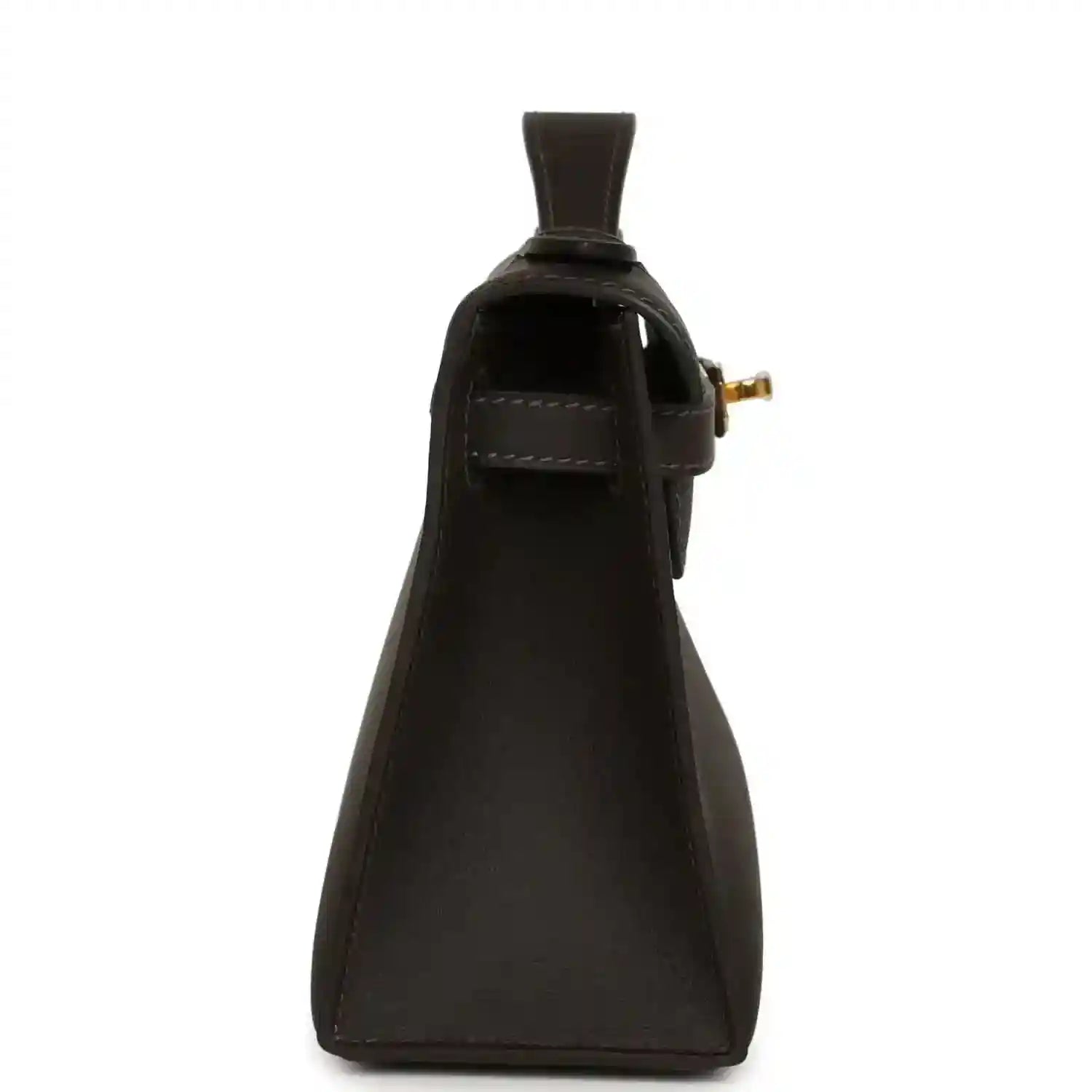 Dark brown leather pochette side view with top opening and gold-tone clasp hardware