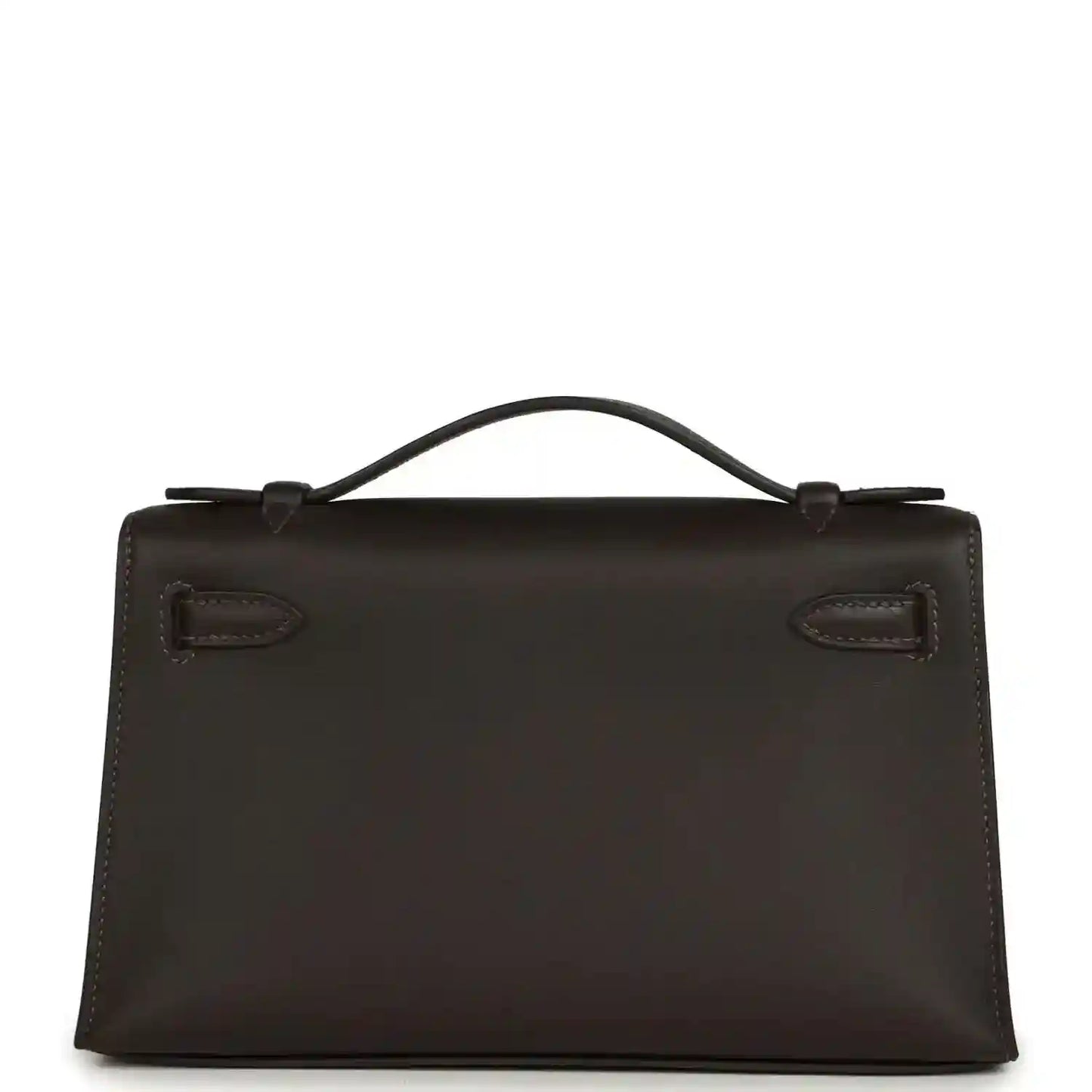 Dark brown leather pochette with front flap, stitched edges, and top handle straps