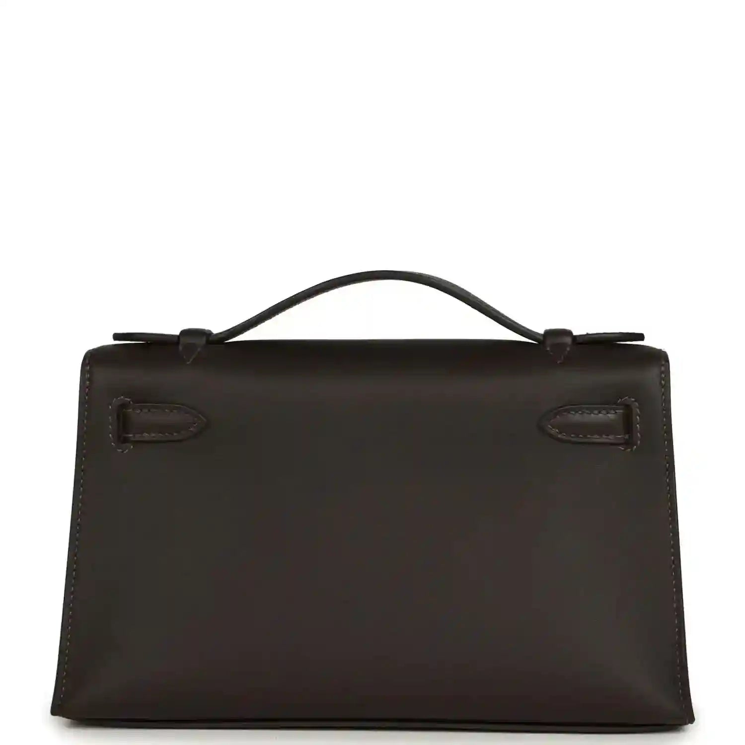 Dark brown leather pochette with front flap, stitched edges, and top handle straps