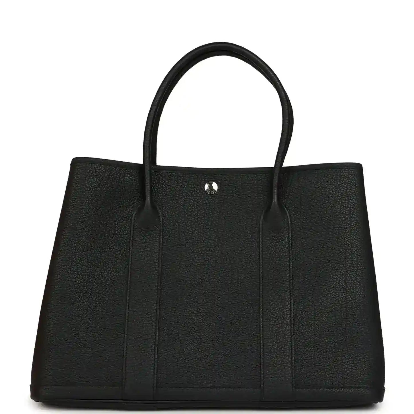 Black leather tote bag with two top handles and center snap button