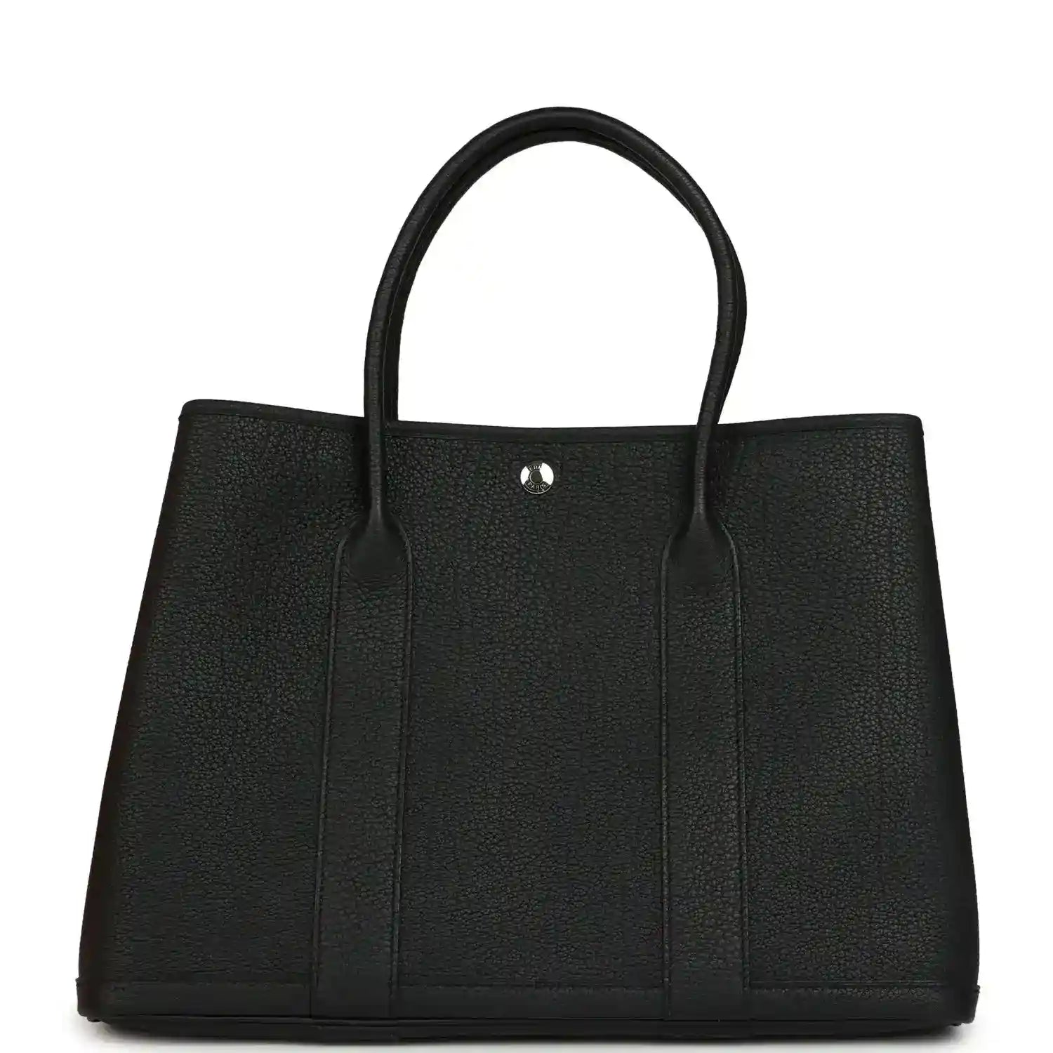 Black leather tote bag with two top handles and center snap button