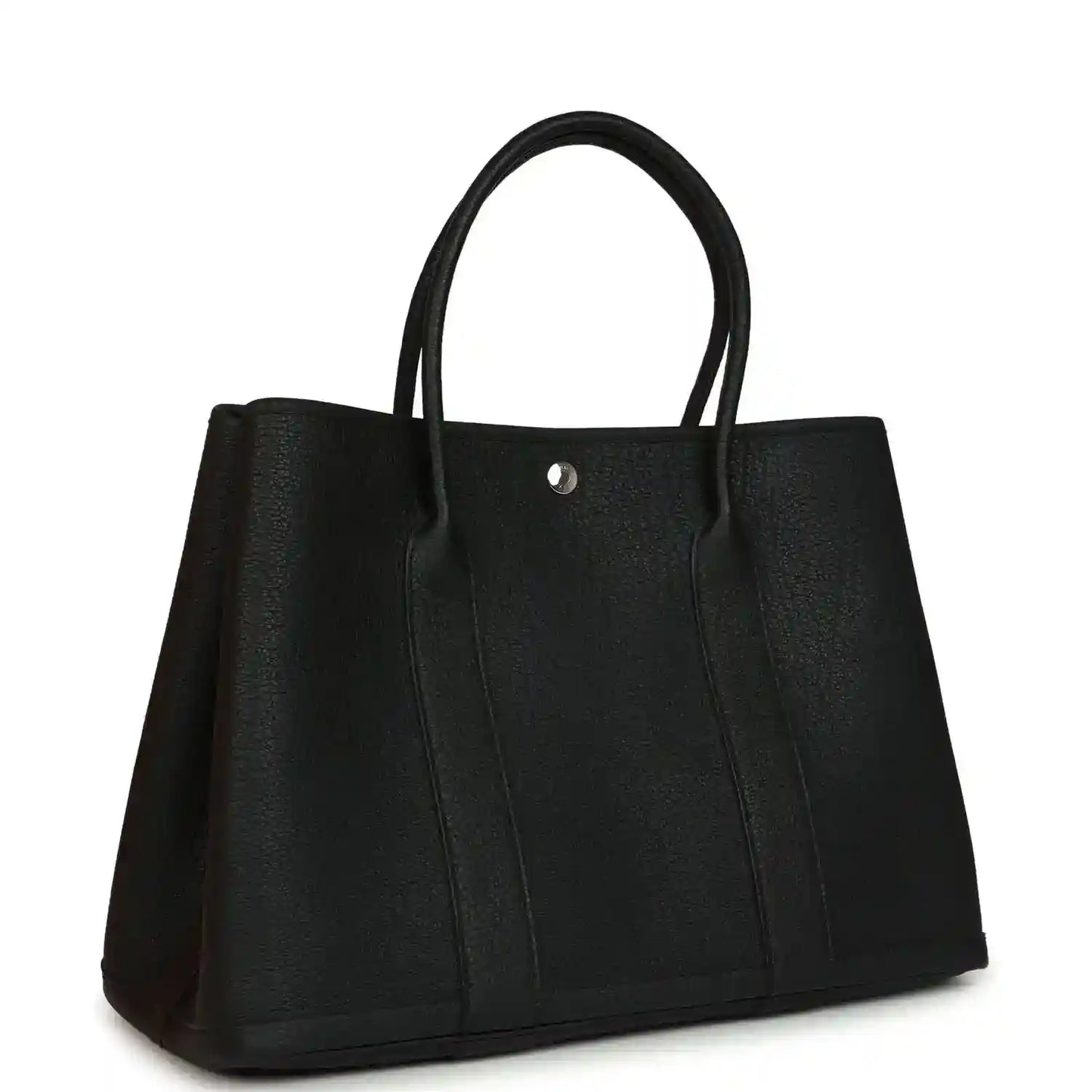 Black leather tote bag with wide sides, top handles, and center snap button