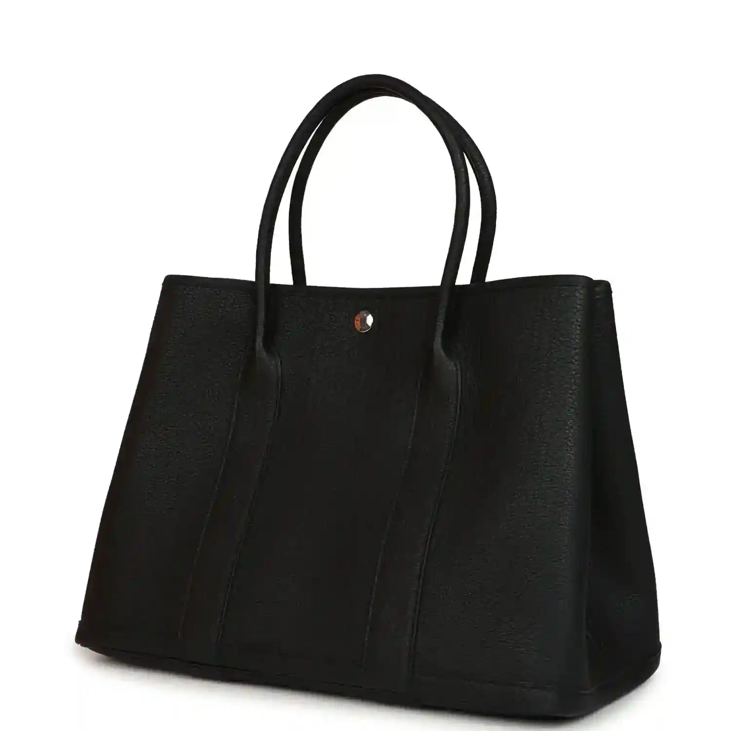 Black leather tote bag with two top handles and gold-tone snap button