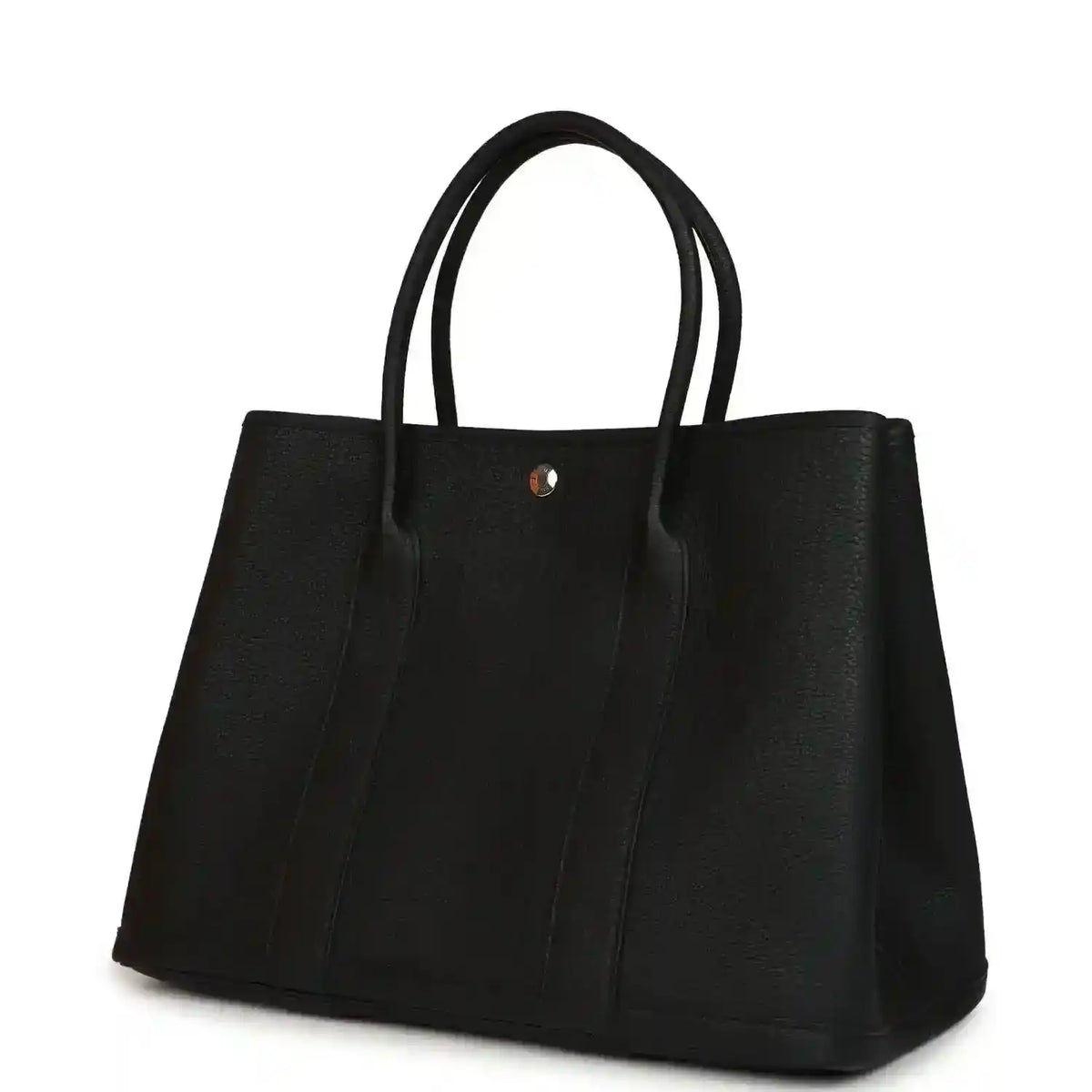 Black leather tote bag with two top handles and gold-tone snap button