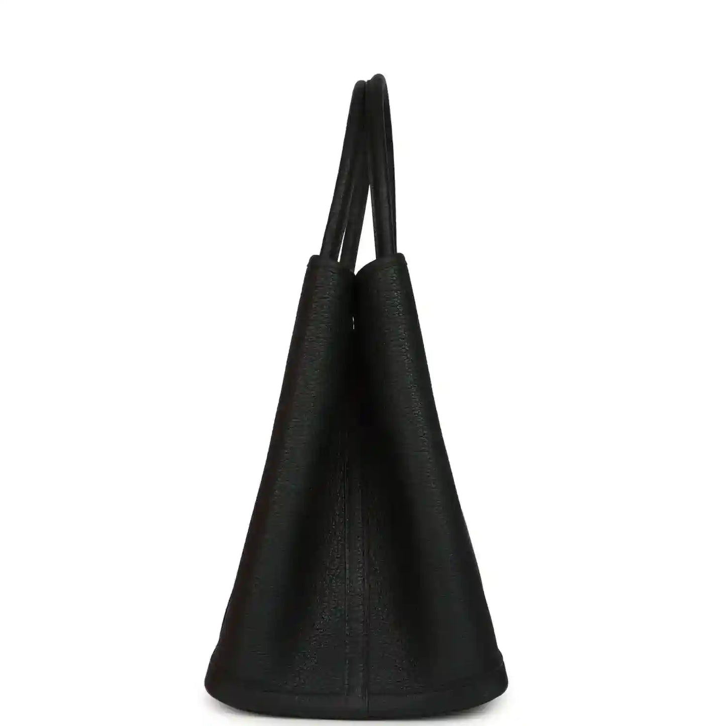 Black leather tote with tapered sides and two short top handles