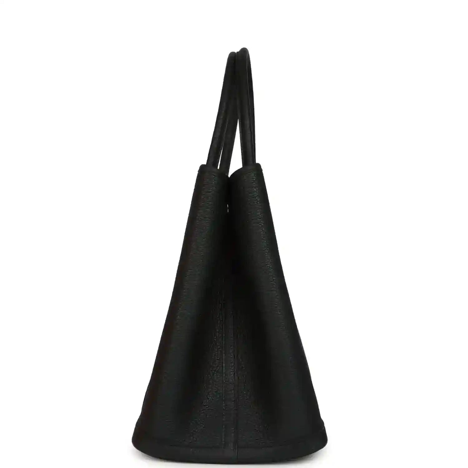 Black leather tote with tapered sides and two short top handles