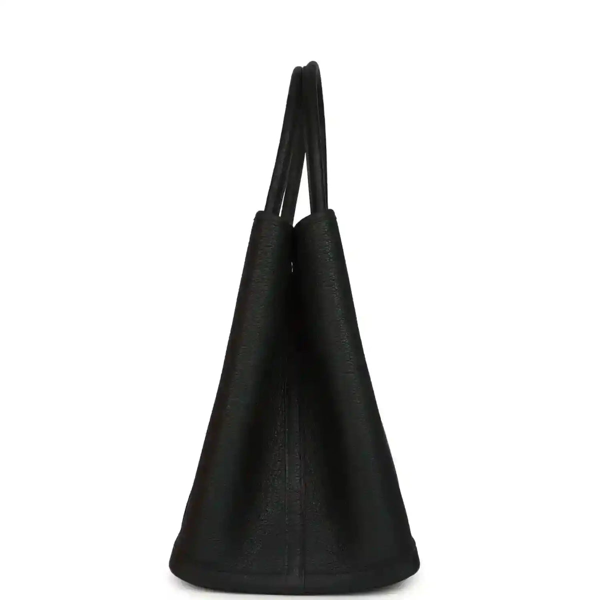 Black leather tote with tapered sides and two short top handles