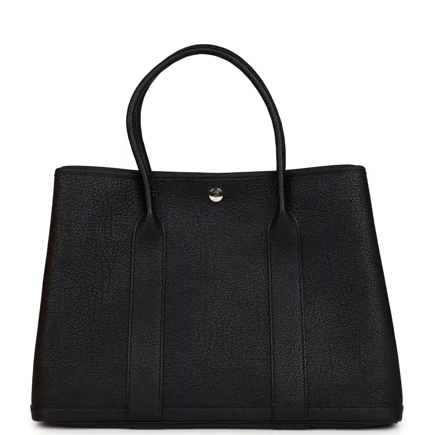 Black leather tote bag with two top handles and center snap closure