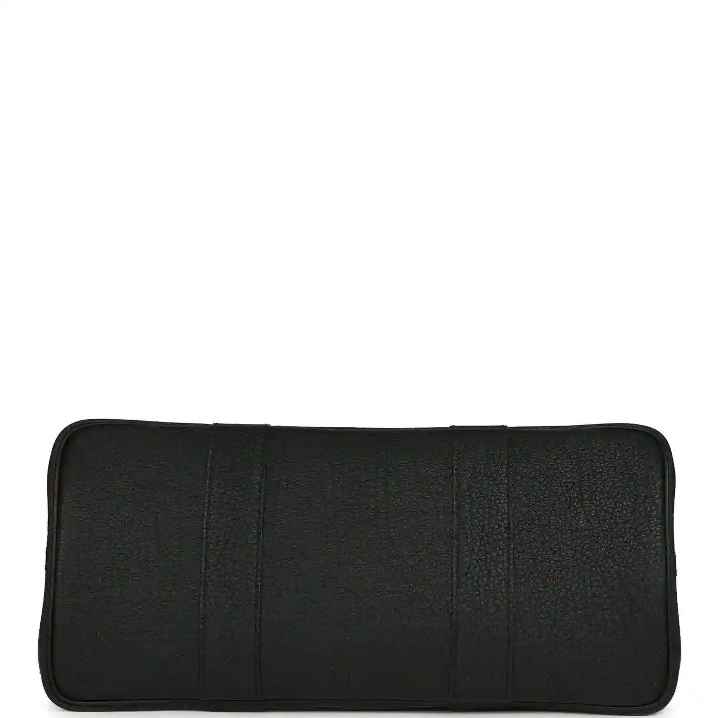 Black leather interior pocket panel with rounded edges and stitched seams