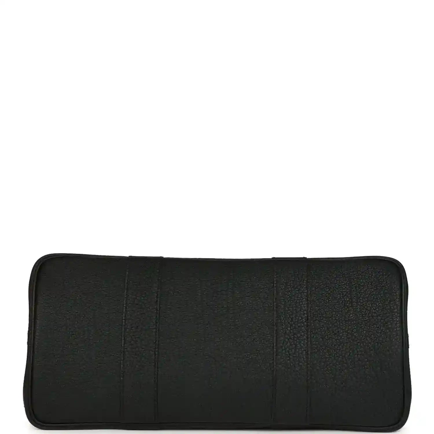 Black leather interior pocket panel with rounded edges and stitched seams