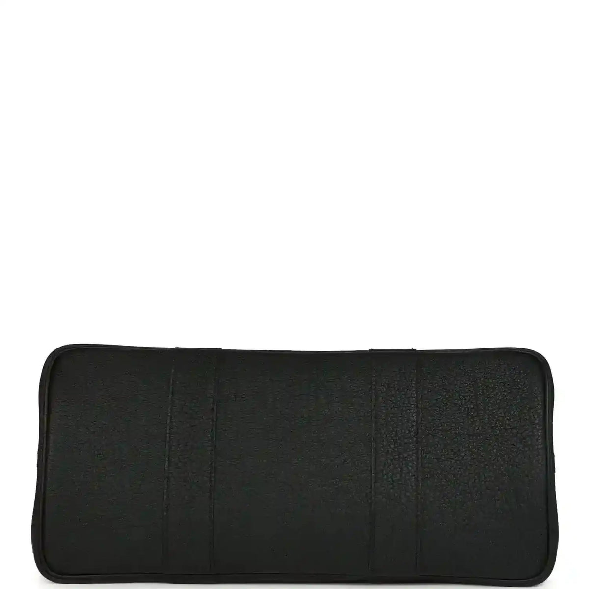 Black leather interior pocket panel with rounded edges and stitched seams