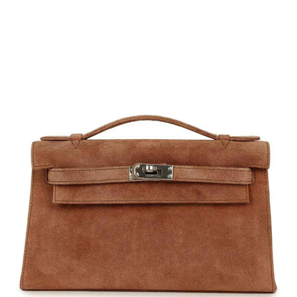 Hermès suede Kelly-style pochette with flap and palladium-tone hardware, fauve