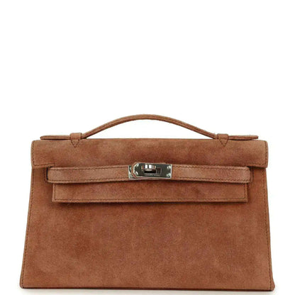 Hermès suede Kelly-style pochette with flap and palladium-tone hardware, fauve