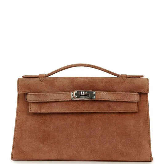 Hermès suede Kelly-style pochette with flap and palladium-tone hardware, fauve