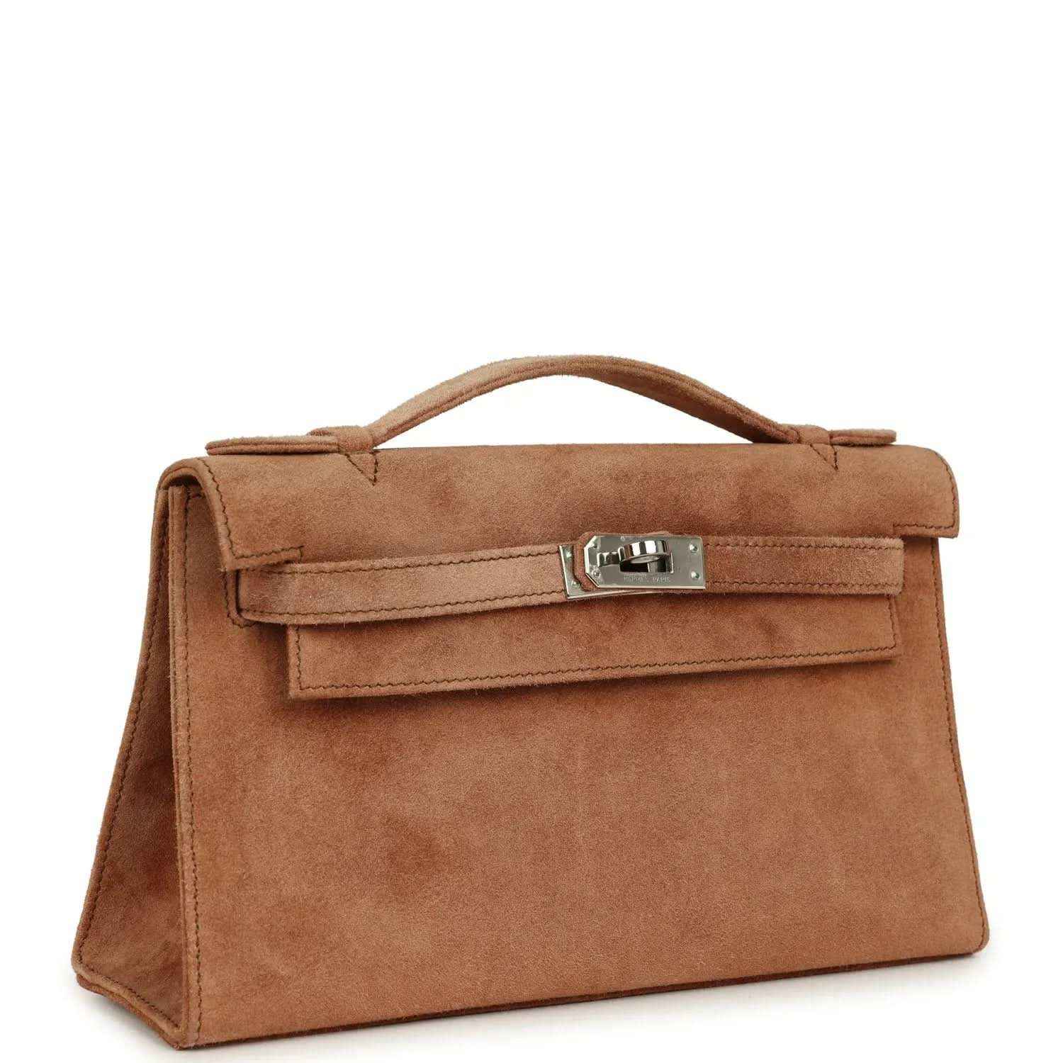 Hermès suede Kelly-style pochette with top handle and front flap, fauve