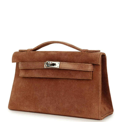 Hermès suede Kelly-style pochette angled view with front clasp detail, fauve
