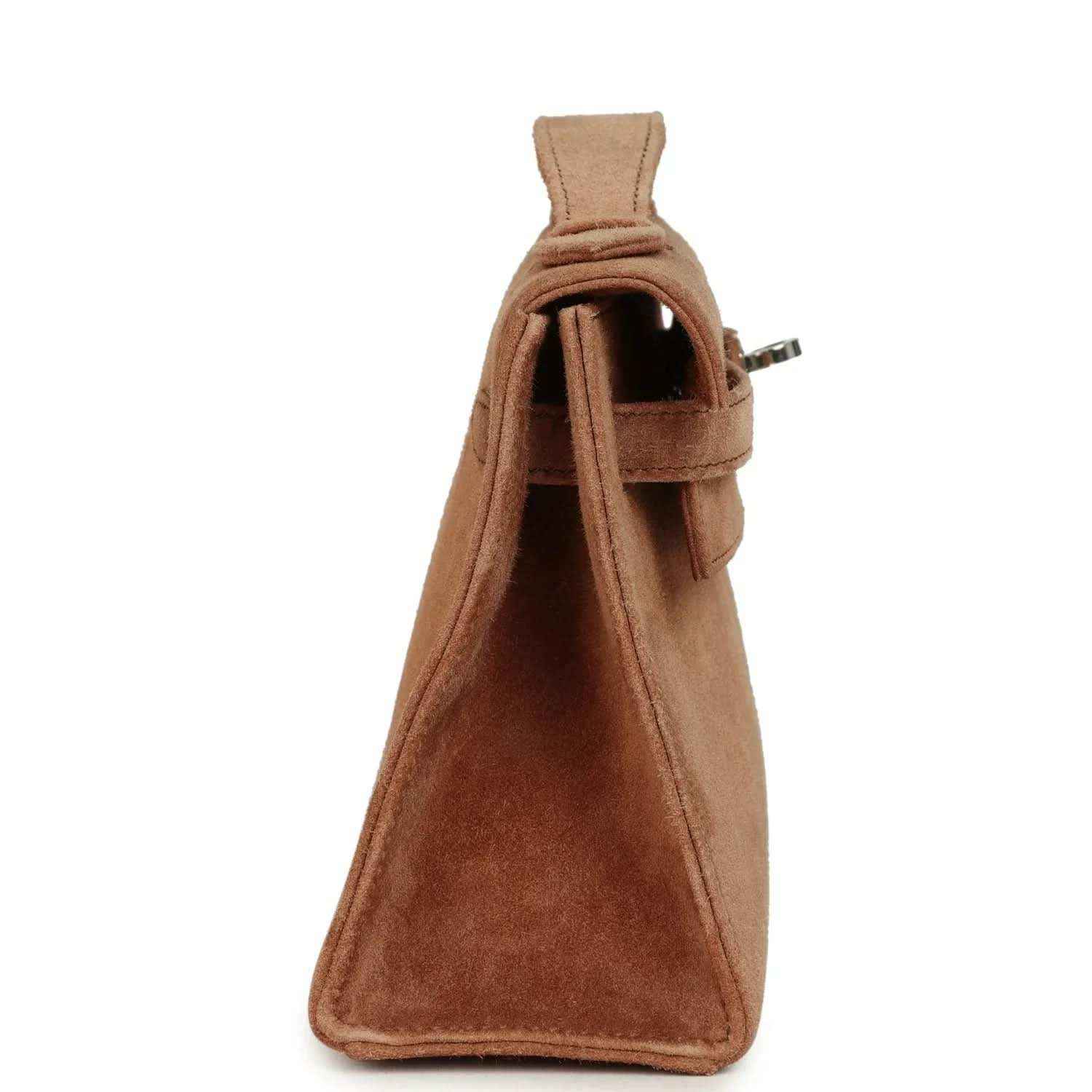 Hermès suede Kelly-style pochette side view with flap opening, fauve