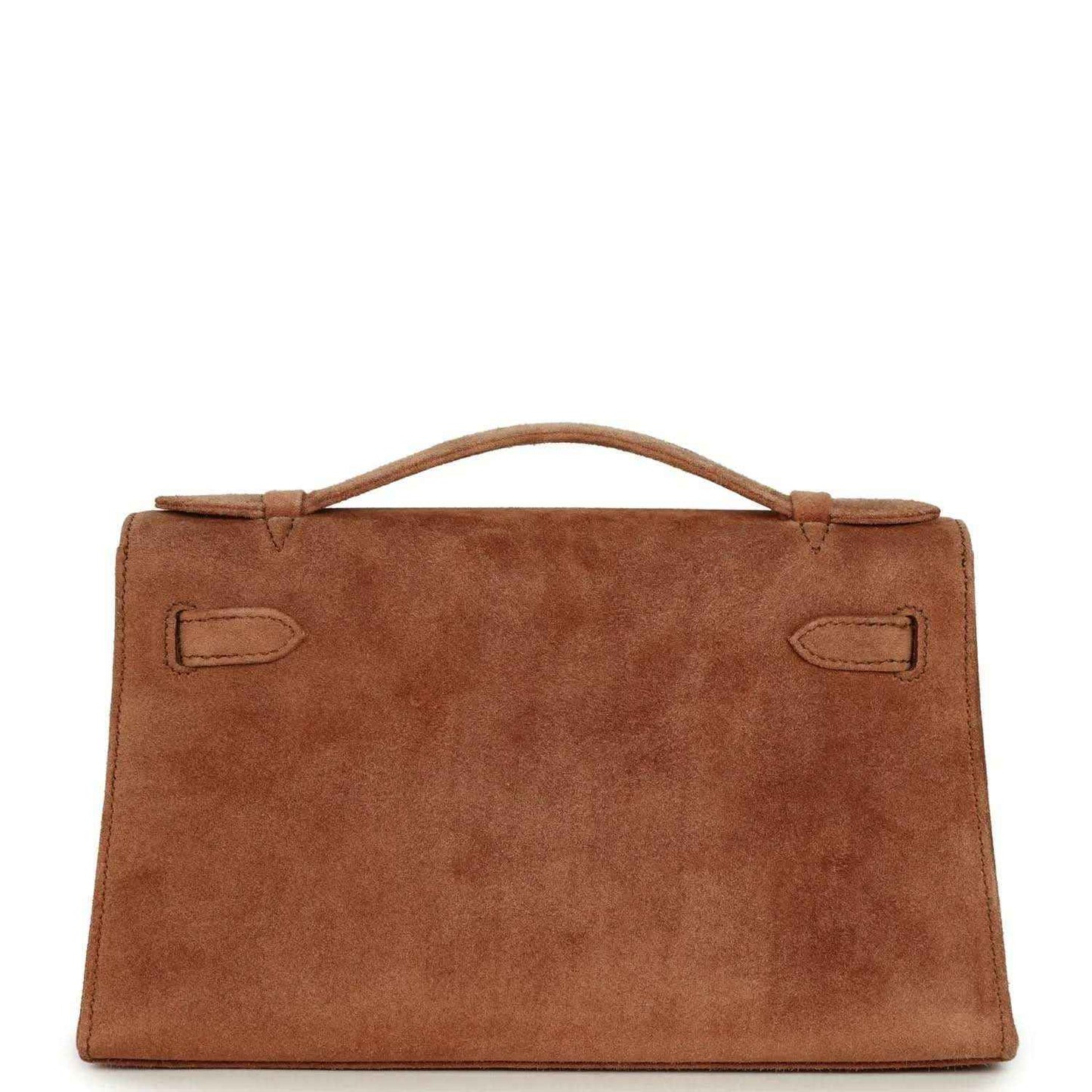 Hermès suede Kelly-style pochette back panel with handle and flap corners, fauve