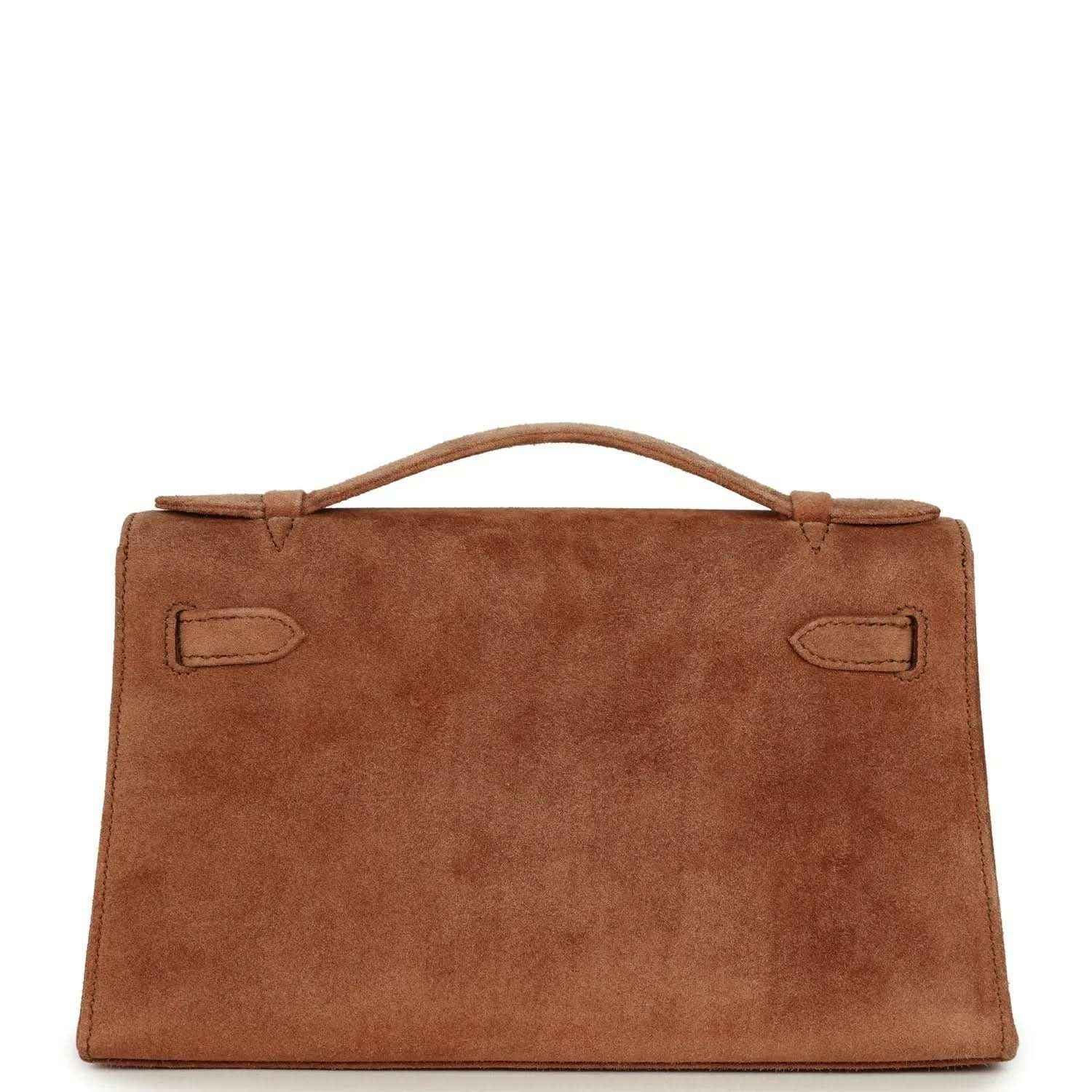 Hermès suede Kelly-style pochette back panel with handle and flap corners, fauve